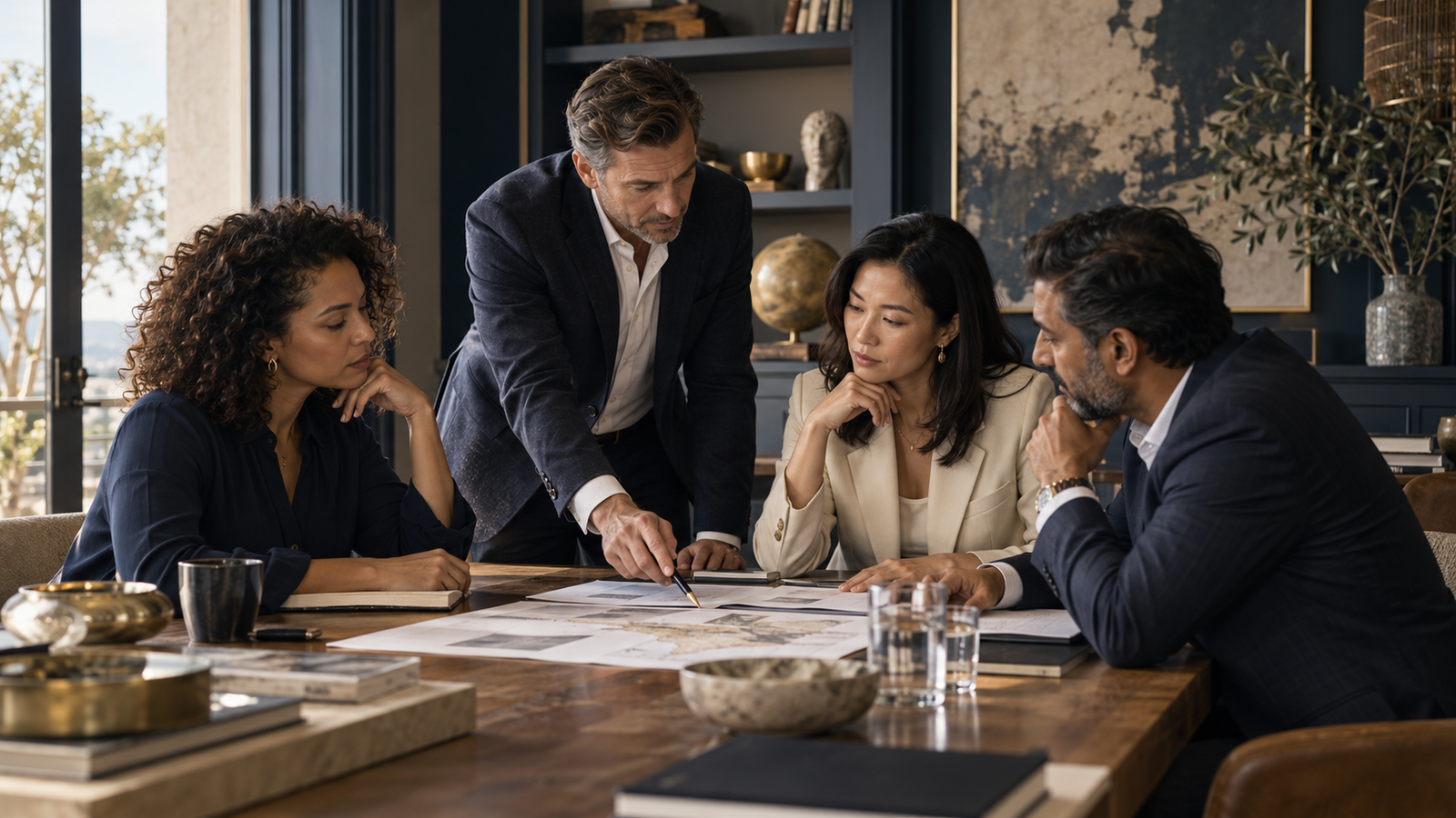 A diverse executive team engaged in a focused advisory discussion
