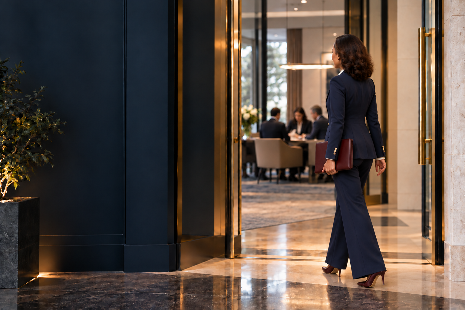 Black woman executive entering a strategy session with a portfolio