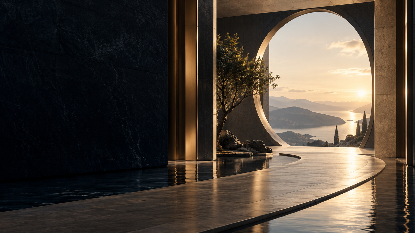 A luminous architectural passage opening toward a clear horizon